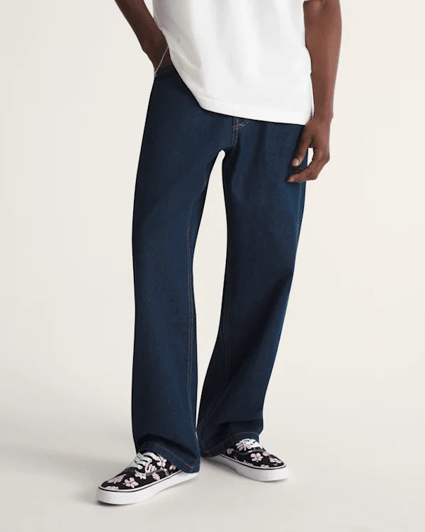 Premium Check-5 Loose Denim Pants - Dark Rinse Blue